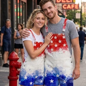 May include: Two pairs of denim overalls featuring a watercolor-style American flag print with red, white, and blue colors and white star patterns. One pair is a short-style overall, and the other is a knee-length overall, both with metal buckles.