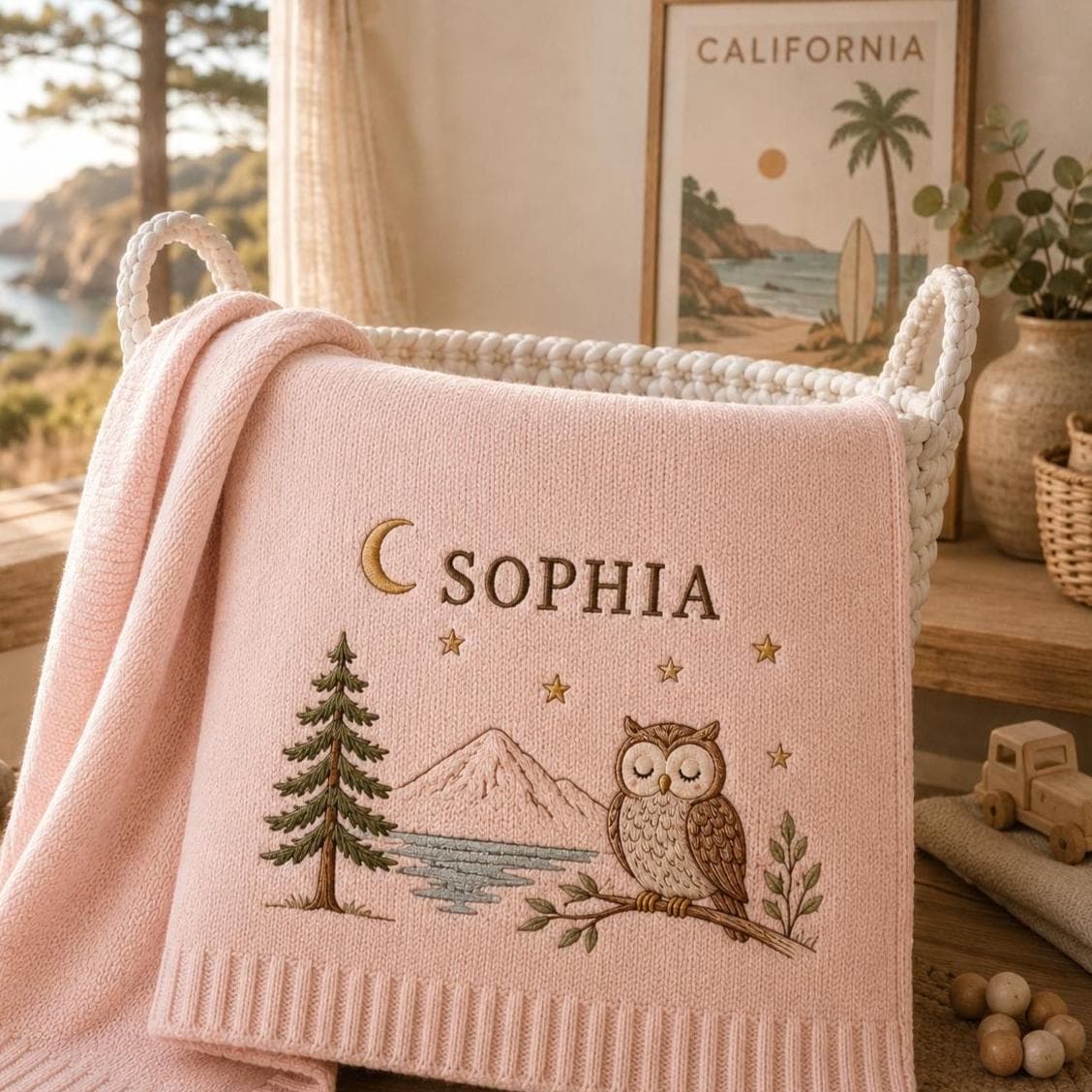 Personalized Embroidered Woodland Owl Baby Blanket, Custom Name Newborn Gift, Cute Forest Animal Kni