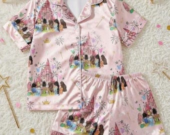 Disney-prinsespyjama, bijpassende familieset slaapfeestje, nachtkleding magisch kasteel, pastelroze gezellige pyjama, cadeau voor haar