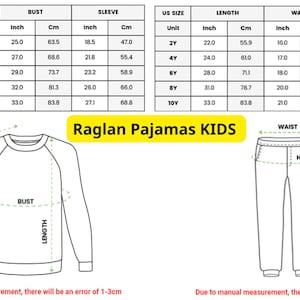 Peut inclure: Diagramme de pyjamas raglan pour enfants avec mesures en pouces et centim&egrave;tres. L'image comprend un haut &agrave; manches longues et un pantalon, avec des &eacute;tiquettes pour la longueur, le buste, la manche, la taille et les hanches. Texte : "Raglan Pajamas KIDS."