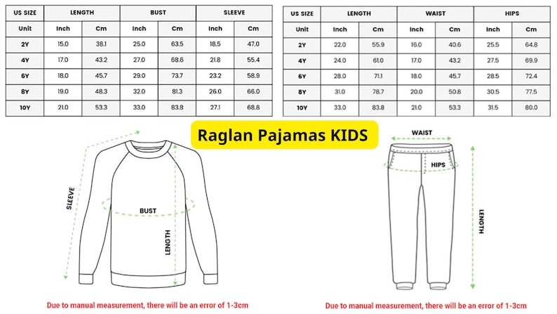 Peut inclure: Diagramme de pyjamas raglan pour enfants avec mesures en pouces et centim&egrave;tres. L'image comprend un haut &agrave; manches longues et un pantalon, avec des &eacute;tiquettes pour la longueur, le buste, la manche, la taille et les hanches. Texte : "Raglan Pajamas KIDS."