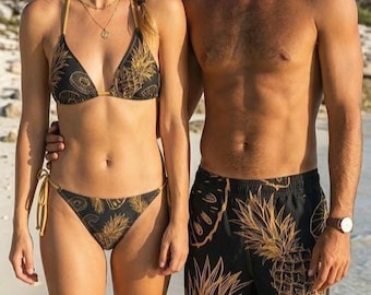 Black and Gold Pineapple Matching Couple Swimwear, Tropical Fruit Bikini and Men's Swim Trunks Set, Gift for Couple