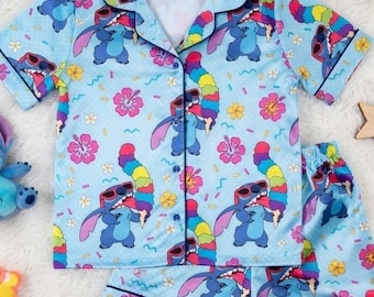 Stitch Pajamas Set: Blue Tropical Ice Cream Print Lounge Sleepwear