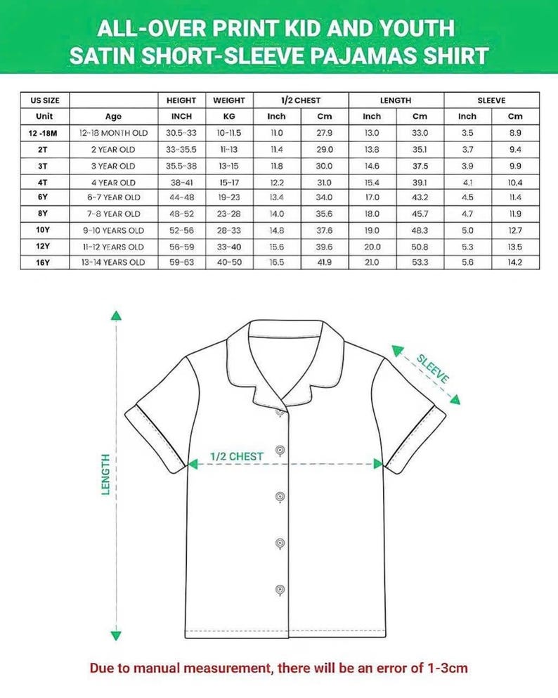 Peut inclure: Chemise de pyjama courte en satin blanc avec un tableau des tailles. Le tableau comprend des mesures en pouces et en centim&egrave;tres pour la taille, le poids, la demi-poitrine, la longueur et la manche pour diff&eacute;rents groupes d'&acirc;ge.