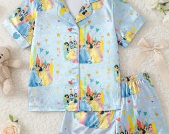Disney-prinsespyjama, schattige bijpassende familieset, nachtkleding magisch kasteel, pastelblauwe gezellige pyjama, cadeau voor haar