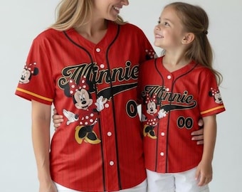Custom Minnie Mouse Baseball Jersey, Personalized Red Striped Softball Shirt, Minnie Mouse Fan Gift, Youth & Adult Sizes
