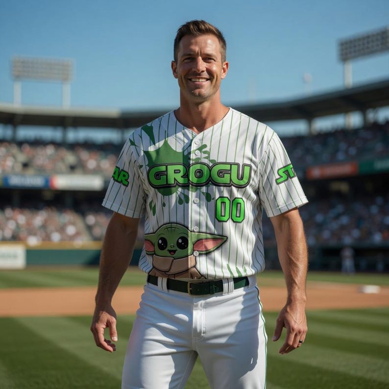 May include: White and green baseball jersey with vertical stripes, featuring the word "GROGU" in green, the number "00", and a cartoon character. The jersey is paired with white pants and a green belt. The background shows a baseball field.