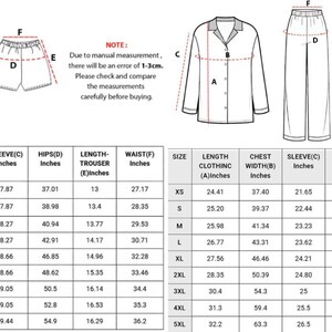 May include: Diagram of pajama sets with measurements in inches. Includes short-sleeve shirt and shorts, and long-sleeve shirt and pants. Size chart shows clothing length, chest width, sleeve, hips, trouser length, and waist measurements.