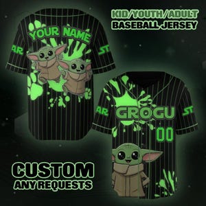 May include: Black baseball jersey with green pinstripes and a Grogu graphic. The jersey features the text "YOUR NAME" and "GROGU" with the number "00". The jersey is customizable and available in kid, youth, and adult sizes.