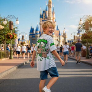 May include: A white baseball jersey with green pinstripes and the text "YOUR NAME" and "STAR" in green. The back of the jersey features a graphic of two cartoon characters. The person in the image is wearing blue denim shorts and white sneakers.