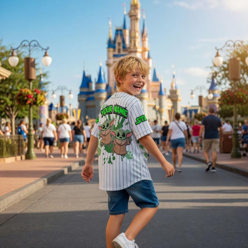 May include: A white baseball jersey with green pinstripes and the text "YOUR NAME" and "STAR" in green. The back of the jersey features a graphic of two cartoon characters. The person in the image is wearing blue denim shorts and white sneakers.