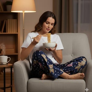 May include: A person seated in a gray armchair, wearing a white t-shirt and navy blue pajama pants with a teddy bear pattern. They are eating noodles from a white bowl with chopsticks. A cup of coffee sits on a side table.