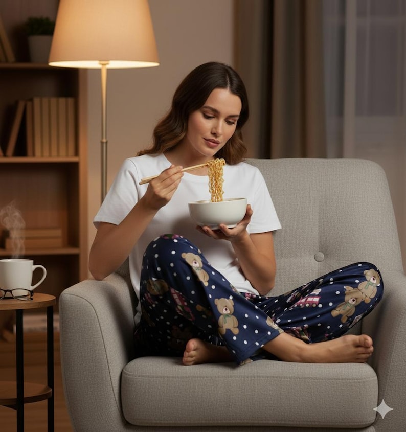 May include: A person seated in a gray armchair, wearing a white t-shirt and navy blue pajama pants with a teddy bear pattern. They are eating noodles from a white bowl with chopsticks. A cup of coffee sits on a side table.