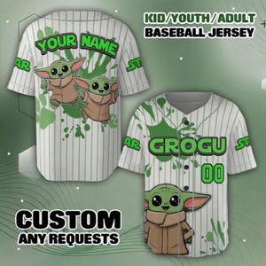 Bring the cutest force in the galaxy to the field with this Custom Grogu Baseball Jersey! Featuring a vibrant, high-definition pinstripe design with adorable graphics of Baby Yoda, this jersey is the ultimate mashup of sports and sci-fi. Best of all, it is 100% customizable with options for kids, youth, and adults—you can personalize the back with your own name and number, making it a stellar family matching outfit or a magical gift for any fan!