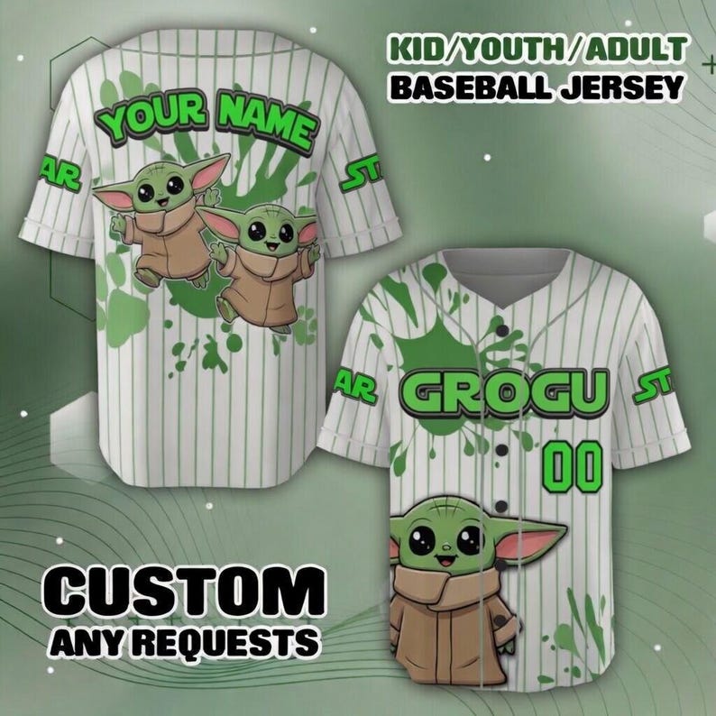Bring the cutest force in the galaxy to the field with this Custom Grogu Baseball Jersey! Featuring a vibrant, high-definition pinstripe design with adorable graphics of Baby Yoda, this jersey is the ultimate mashup of sports and sci-fi. Best of all, it is 100% customizable with options for kids, youth, and adults—you can personalize the back with your own name and number, making it a stellar family matching outfit or a magical gift for any fan!