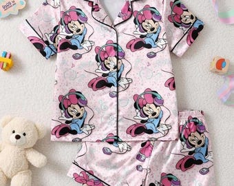 Minnie Mouse koptelefoon pyjama, schattige bijpassende familieset Disney, nachtkleding muziek, pastelroze gezellige pyjama, cadeau voor haar