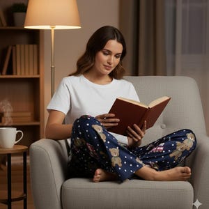 May include: A person wearing a white t-shirt and navy blue pajama pants with a teddy bear and polka dot pattern, reading a book. The person is sitting in a gray armchair. A white mug sits on a small table.