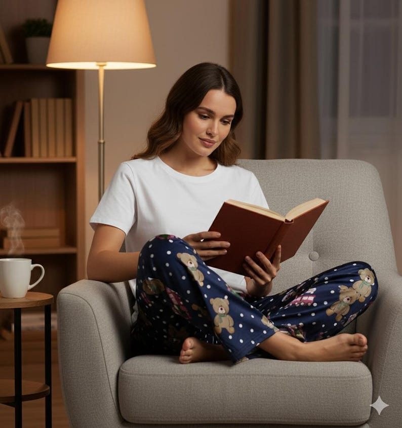May include: A person wearing a white t-shirt and navy blue pajama pants with a teddy bear and polka dot pattern, reading a book. The person is sitting in a gray armchair. A white mug sits on a small table.