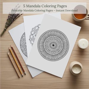 Páginas para colorir de mandalas | 5 folhas para colorir para imprimir | Download digital