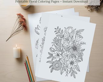 花の塗り絵 | 印刷可能な花の塗り絵シート 5 枚 | デジタルダウンロード