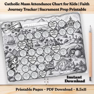 Puede incluir: Una tabla de asistencia a misa católica imprimible en blanco y negro para niños con un camino de treinta paradas numeradas, hitos en forma de corazón, ilustraciones bíblicas, un campo para el nombre y el título My Mass Adventure Tracker.