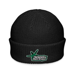 May include: Black knit beanie with a folded brim. The beanie features a green and white embroidered logo that reads "3000s" and "thien dragon". The hat is made of a soft, ribbed knit material.