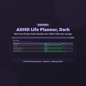 Dark Mode ADHD Planner Spreadsheet | Brain Dump Task Tracker Habit Tracker | Adult ADHD Digital Planner Dark Theme | Excel Google Sheets