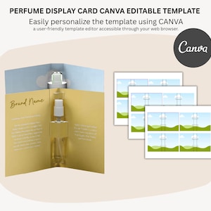 以下が含まれることがあります： 香水ディスプレイカードテンプレート。香水瓶が内側にあります。カードは黄色と青で、「Brand Name」などのテキストがあります。Canvaのロゴが見えます。テンプレートはCanvaを使用して簡単にパーソナライズできます。