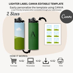 Puede incluir: Se muestran dos dise&ntilde;os de etiquetas para encendedores, uno con un dise&ntilde;o de cielo y paisaje, y el otro es verde liso. El texto dice "LIGHTER LABEL CANVA EDITABLE TEMPLATE" y "2 Sizes". El logotipo de Canva tambi&eacute;n es visible.