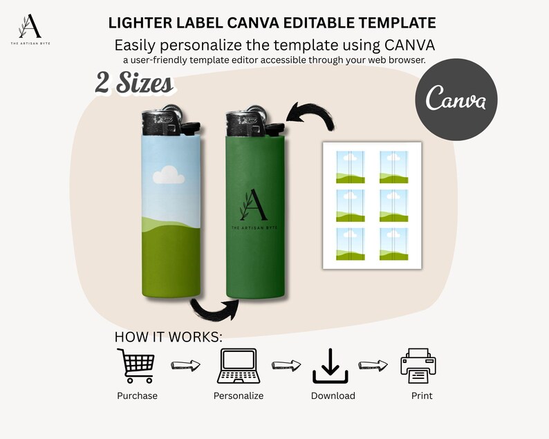 Puede incluir: Se muestran dos dise&ntilde;os de etiquetas para encendedores, uno con un dise&ntilde;o de cielo y paisaje, y el otro es verde liso. El texto dice "LIGHTER LABEL CANVA EDITABLE TEMPLATE" y "2 Sizes". El logotipo de Canva tambi&eacute;n es visible.