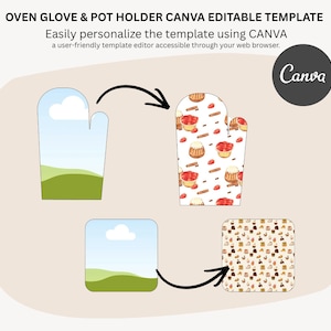 May include: OVEN GLOVE & POT HOLDER CANVA EDITABLE TEMPLATE. Easily personalize the template using CANVA. The image shows an oven glove and a square pot holder outline transforming into versions with patterns of small cakes, berries, and cinnamon sticks.