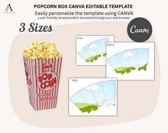Popcorn Box SVG Template | Canva Editable Snack Box Party Favor (3 Sizes)