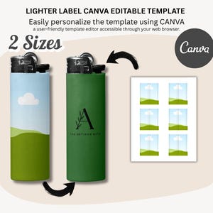 Puede incluir: Dos encendedores con etiquetas, uno azul con una nube y un paisaje verde, el otro verde con un logotipo. La imagen incluye una plantilla con dise&ntilde;os de ventanas y el texto "LIGHTER LABEL CANVA EDITABLE TEMPLATE".