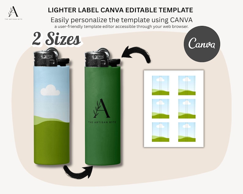 Puede incluir: Dos encendedores con etiquetas, uno azul con una nube y un paisaje verde, el otro verde con un logotipo. La imagen incluye una plantilla con dise&ntilde;os de ventanas y el texto "LIGHTER LABEL CANVA EDITABLE TEMPLATE".