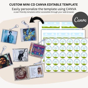 Może przedstawiać: Szablony mini CD z różnymi okładkami albumów, w tym czerwoną pandą i Taylor Swift. Obraz zawiera również logo Canva i tekst "CUSTOM MINI CD CANVA EDITABLE TEMPLATE".
