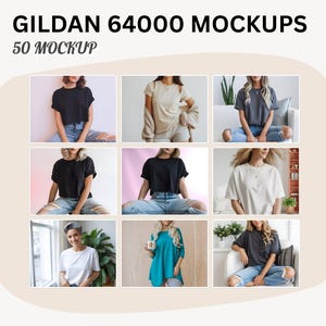 Könnte beinhalten: Ein Mockup-Bild mit neun verschiedenen T-Shirt-Designs in verschiedenen Farben, darunter Schwarz, Weiß und Türkis. Der Text "GILDAN 64000 MOCKUPS" und "50 MOCKUP" sind oben zu sehen. Die T-Shirts werden von verschiedenen Personen getragen.