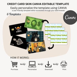 May include: An image showcasing a credit card skin Canva editable template. The image features several credit card designs, including a dollar bill, a skull, an ace of spades, a cat with coffee, and a man holding money. The text reads "6 Templates" and "How it works".