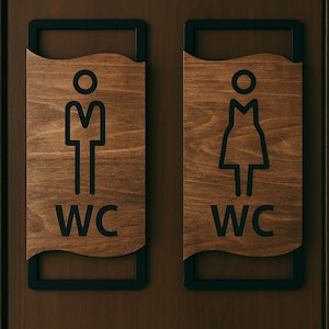 Letrero de madera para puerta de baño: decoración de pared moderna con relieve para baño, placa rústica marrón para WC