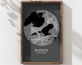 Madison Wisconsin Map (Giclée Fine Art Paper Print) Minimalist City Street Map (Framed or Unframed) Greyscale