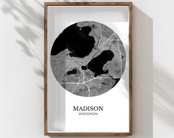 Madison Wisconsin Map (Giclée Fine Art Paper Print) Minimalist City Street Map (Framed or Unframed) Black and White