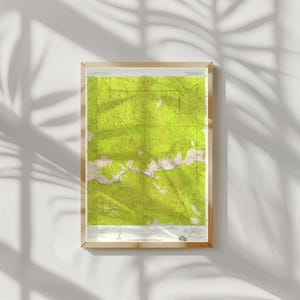 May include: A framed topographic map with a light wood frame. The map features shades of green and tan, depicting a detailed landscape. The map is mounted on a white background, with shadows from a plant in the upper left corner.