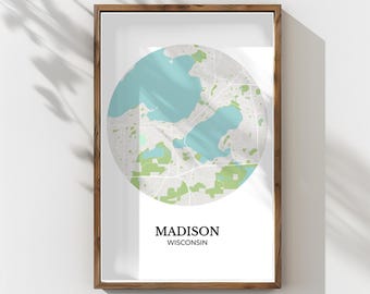 Madison Wisconsin Map (Giclée Fine Art Paper Print) Minimalist City Street Map (Framed or Unframed) Blue and Green