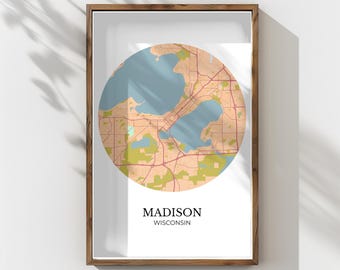 Madison Wisconsin Map (Giclée Fine Art Paper Print) Minimalist City Street Map (Framed or Unframed) Desert Colors