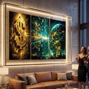 Peut inclure: Une œuvre d'art en triptyque représentant un symbole du dollar doré, une explosion de lumière turquoise et dorée, et un globe avec des lumières de ville. L'œuvre est encadrée d'une bordure dorée, au-dessus d'un canapé en cuir marron.