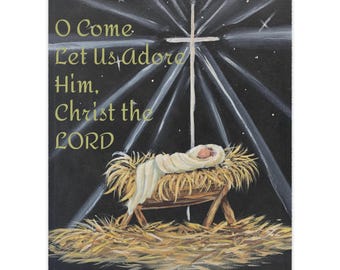 Puede incluir: Imagen de temática religiosa que representa a un bebé en un pesebre, con el texto "O Come, Let Us Adore Him, Christ the LORD" en letras doradas. El fondo es un cielo nocturno oscuro con una cruz brillante y luz radiante.