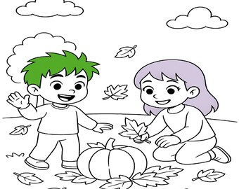 Könnte beinhalten: Schwarz-Weiß-Illustration von zwei Kindern, die mit einem Kürbis und Blättern spielen. Ein Kind winkt, das andere kniet und hält ein Blatt. Ein Kürbis liegt auf dem Boden, umgeben von Blättern, mit Wolken im Hintergrund.