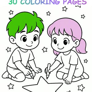 Puede incluir: Portada de un libro para colorear con el texto "Leo & Sofi" y "30 COLORING PAGES". Dos niños de dibujos animados, uno con pelo verde y otro con pelo rosa, dibujan una estrella. Varias estrellas los rodean.