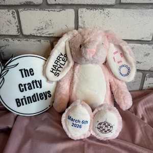 Può includere: Un peluche a forma di coniglio rosa con testo ricamato sulle orecchie e sui piedi. L'orecchio sinistro riporta HARRY STYLES, quello destro KISS ALL THE DISCO OCCASIONALLY, mentre sui piedi compaiono March 6th 2026 e una palla da discoteca.