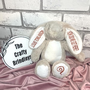 May include: A plush beige rabbit toy with long ears featuring embroidered text in red. The left ear reads 'LOUIS TOMLINSON' and the right ear reads 'HOW DID WE GET HERE?'. One foot pad has a red glittery swirl design. A white circular sign reads 'The Crafty Brindleys'.
