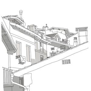 Puede incluir: Un dibujo lineal en blanco y negro de un paisaje urbano con tejados, chimeneas y detalles arquitectónicos. La ilustración captura la esencia de las estructuras urbanas con una estética minimalista, mostrando una mezcla de luz y sombra.